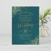 Invitation Lacy Gold Calligraphy Elegant Teal Wedding (Debout devant)
