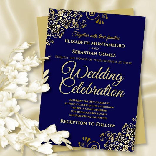 Invitation Lacy Gold Filigree on Navy Simple Elegant Wedding