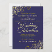 Invitation Lacy Gold Filigree on Navy Simple Elegant Wedding (Devant)