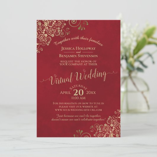 Invitation Lacy Gold Fragments sur Lush Red Virtual Mariage (Debout devant)