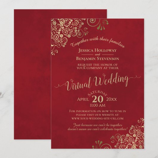 Invitation Lacy Gold Fragments sur Lush Red Virtual Mariage (Devant / Derrière)