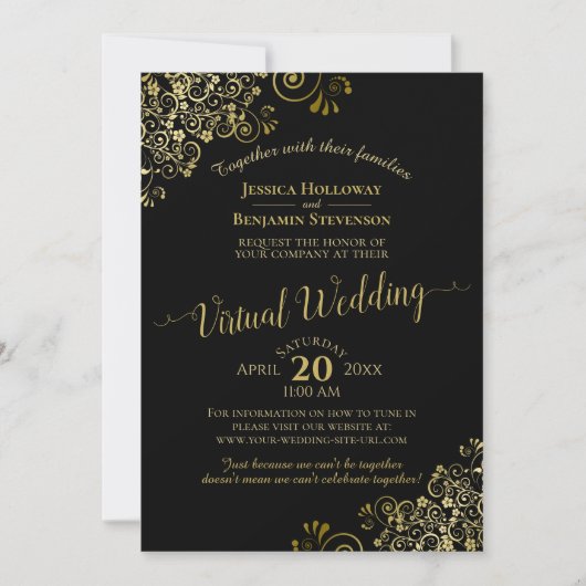 Invitation Lacy Gold Frills sur Black Elegant Virtual Mariage (Devant)