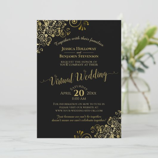 Invitation Lacy Gold Frills sur Black Elegant Virtual Mariage (Debout devant)