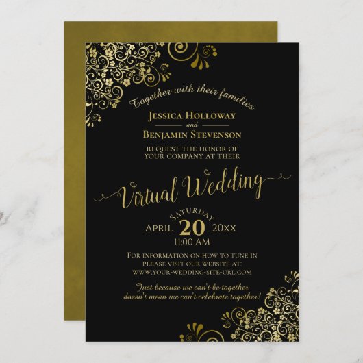 Invitation Lacy Gold Frills sur Black Elegant Virtual Mariage (Devant / Derrière)