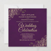 Invitation Lacy Gold Frills sur Plum Purple Mariage élégant (Devant)