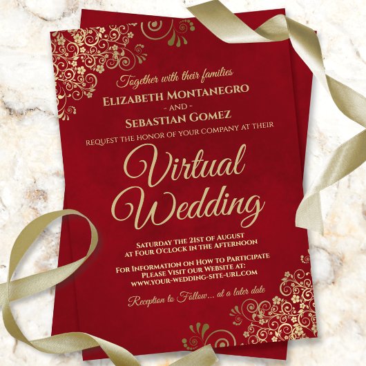 Invitation Lacy Gold Frills sur Red Elegant Virtual Mariage