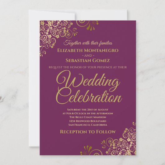 Invitation Lacy Gold sur Cassis Purple Simple Mariage élégant (Devant)