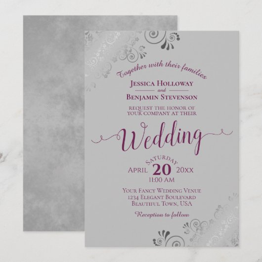 Invitation Lacy Silver Elegant Cassis Purple on Gray Wedding (Devant / Derrière)