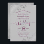 Invitation Lacy Silver Elegant Cassis Purple on Gray Wedding<br><div class="desc">This beautiful wedding invitation features a simple yet elegant design with lacy cassis purple or magenta script calligraphy on a gray background and frilly silver gray faux foil filigree in the corners. The wording is formal,  but the layout is modern and stylish.</div>