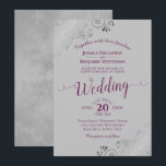 Invitation Lacy Silver Elegant Cassis Purple on Gray Wedding<br><div class="desc">This beautiful wedding invitation features a simple yet elegant design with lacy cassis purple or magenta script calligraphy on a gray background and frilly silver gray faux foil filigree in the corners. The wording is formal,  but the layout is modern and stylish.</div>