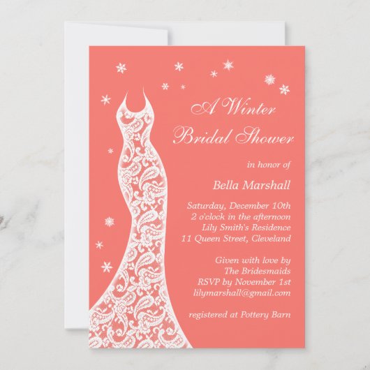 Invitation Lacy Vivant Corail Hiver Nuptiale Douche Invitatio (Devant)
