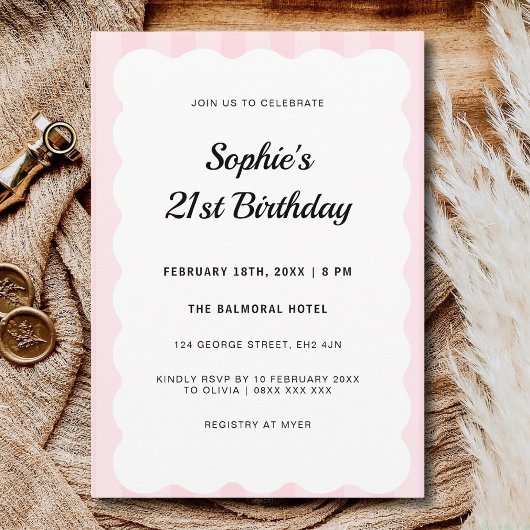 Invitation Ladies 21st Birthday Pink Dinner Party Scalloped