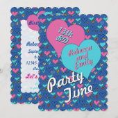 Invitation L'ado de coeurs de fête d'anniversaire jumelle (Devant / Derrière)