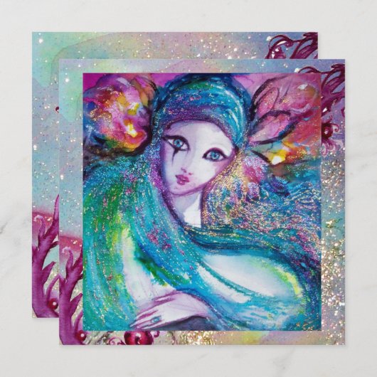 Invitation LADY BLUE MASK Masquerade Party Floral Sparkings (Devant / Derrière)