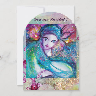 Invitation LADY BLUE MASK Masquerade Party Floral Swirls