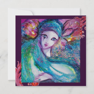 Invitation LADY BLUE MASK Masquerade Party, Red Purple Swirls