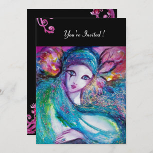 Invitation LADY BLUE MASK Masquerade Party Red Swirls Black