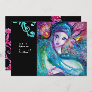 Invitation LADY BLUE MASK Masquerade Party, Red Swirls Black