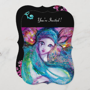 Invitation LADY BLUE MASK Masquerade Party, Rouge Black Flora