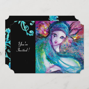 Invitation LADY BLUE MASK Masquerade Party, Turquoise florale