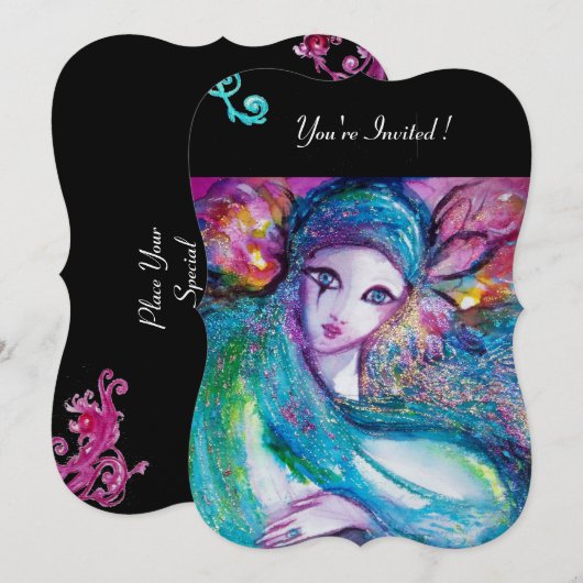 Invitation LADY BLUE MASK Soirée Mascarade, Fleurs Rouge Noir (Devant / Derrière)