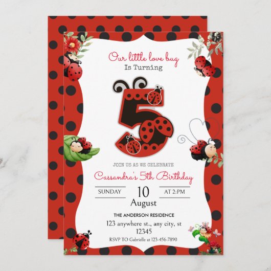 Invitation Lady Bug 5e fête d'anniversaire (Devant / Derrière)