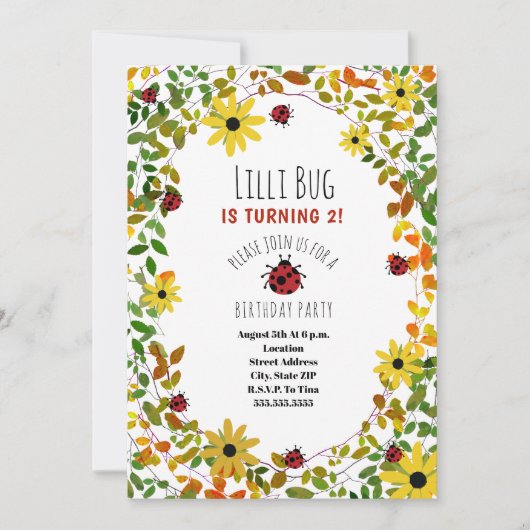 Invitation Lady Bugs + Fleurs sauvages Filles Anniversaire In (Devant)