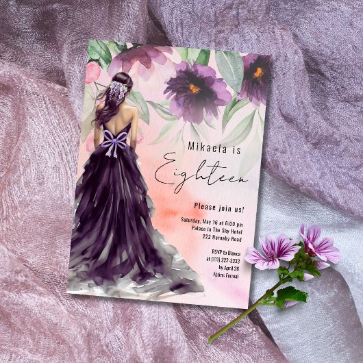 Invitation Lady Fleur Violette En Long Gown 18e anniversaire