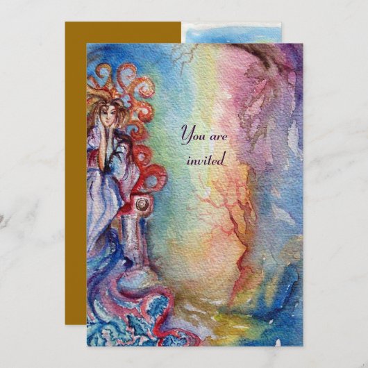 Invitation LADY OF LAKE, bleu vif, jaune rose vif (Devant / Derrière)