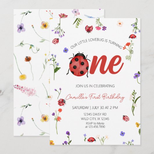 Invitation Ladybug First Birthday  (Devant / Derrière)