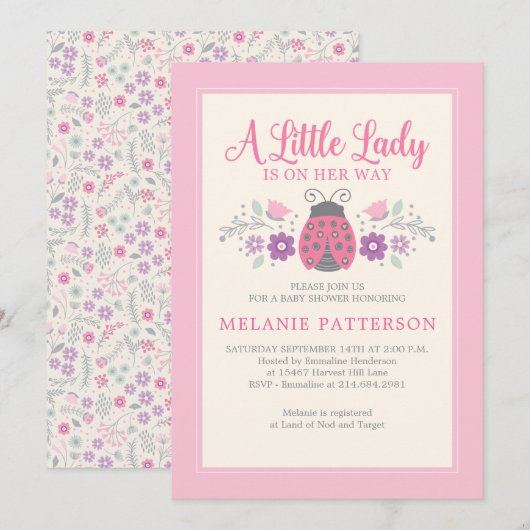 Invitation Ladybug mignon Baby shower floral rose fille (Devant / Derrière)