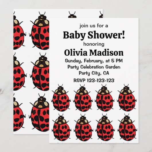 Invitation Ladybug Red Black Insect Ladybug Baby Girl Douche (Devant / Derrière)