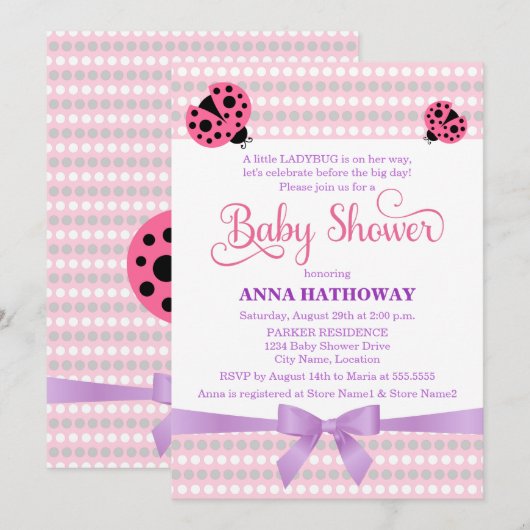 Invitation Ladybug rose avec lavande et Baby shower argenté (Devant / Derrière)
