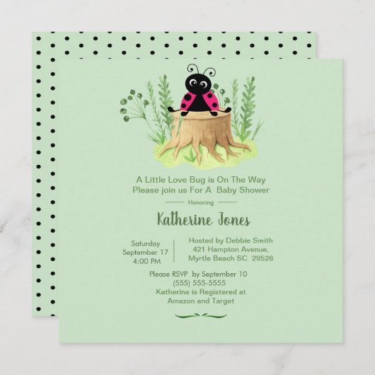 Invitation Ladybug rose mignon dans le Baby shower Forrest (Devant / Derrière)