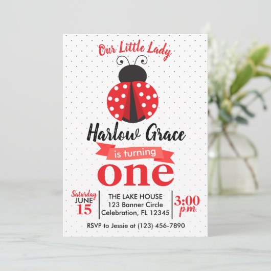 Invitation Ladybug rouge et noir Polka point anniversaire (Debout devant)