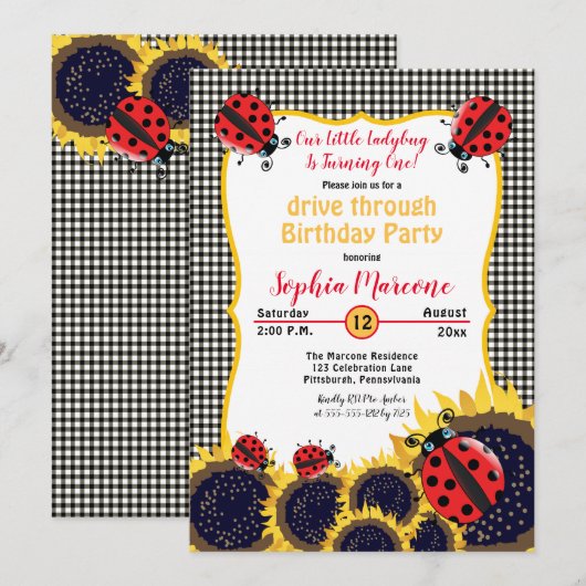 Invitation Ladybugs Sunflowers 1st Drive Thru Birthday Party (Devant / Derrière)