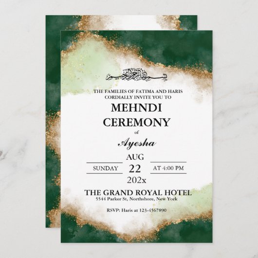Invitation L'âge de l'or vert Mariage islamique Mehndi (Devant / Derrière)