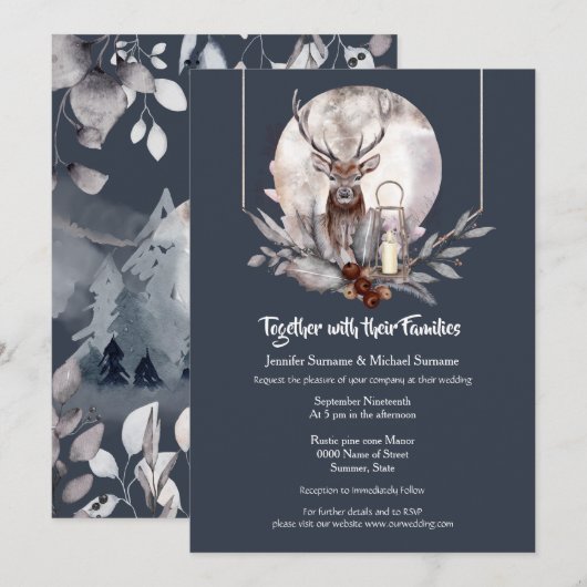 Invitation Laine d'aquarelle de cerf de lune bleu d'hiver (Devant / Derrière)
