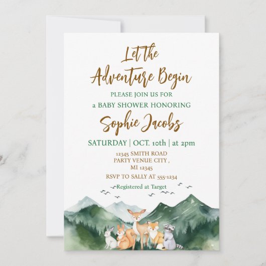 Invitation Laisser l'aventure commencer Forêt Baby shower rus (Devant)