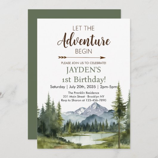 Invitation Laisser l'aventure commencer Forêt Rustique 1er an (Devant / Derrière)