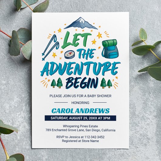 Invitation Laissez l'aventure commencer ! Baby shower de camp