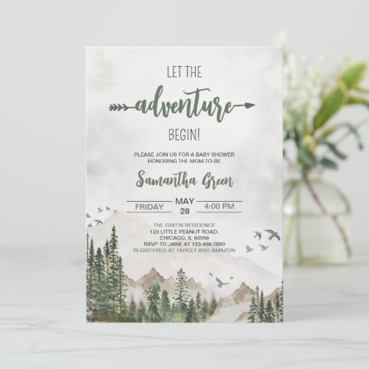 Invitation Laissons l'aventure commencer un Baby shower neutr (Debout devant)