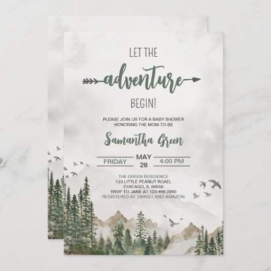 Invitation Laissons l'aventure commencer un Baby shower neutr (Devant / Derrière)