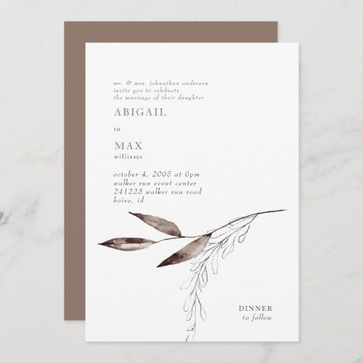 Invitation Lait Chocolat Mariage de feuillage moderne (Devant / Derrière)