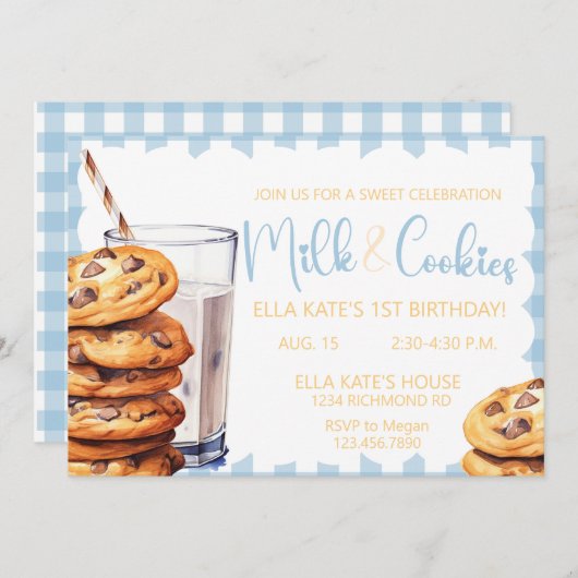 Invitation Lait et biscuit Anniversaire Bleu Plaid Boy 1er An (Devant / Derrière)
