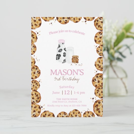 Invitation Lait et biscuits crumb rose fête d'anniversaire (Debout devant)