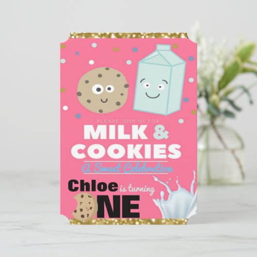 Invitation Lait et biscuits Parties scintillant rose et or| 1 (Debout devant)