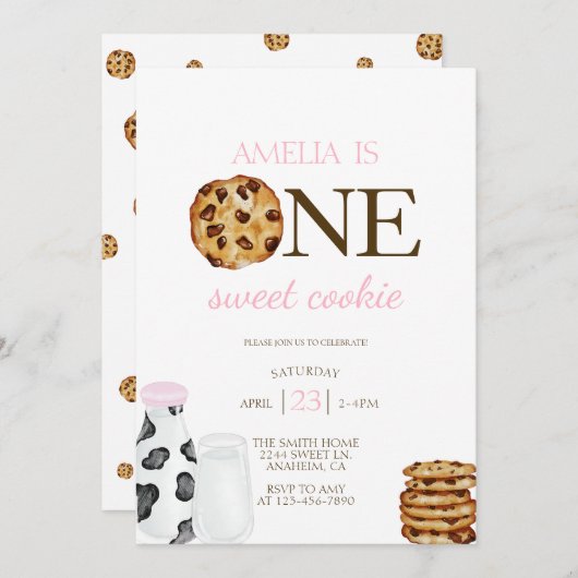 Invitation Lait et biscuits Première fête d'anniversaire rose (Devant / Derrière)