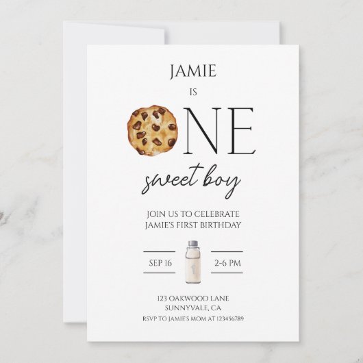 Invitation Lait et biscuits Sweet One Boy Anniversaire Invita (Devant)