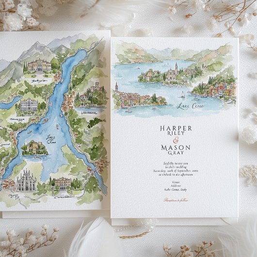 Invitation Lake Como Watercolor Panorama Map Wedding